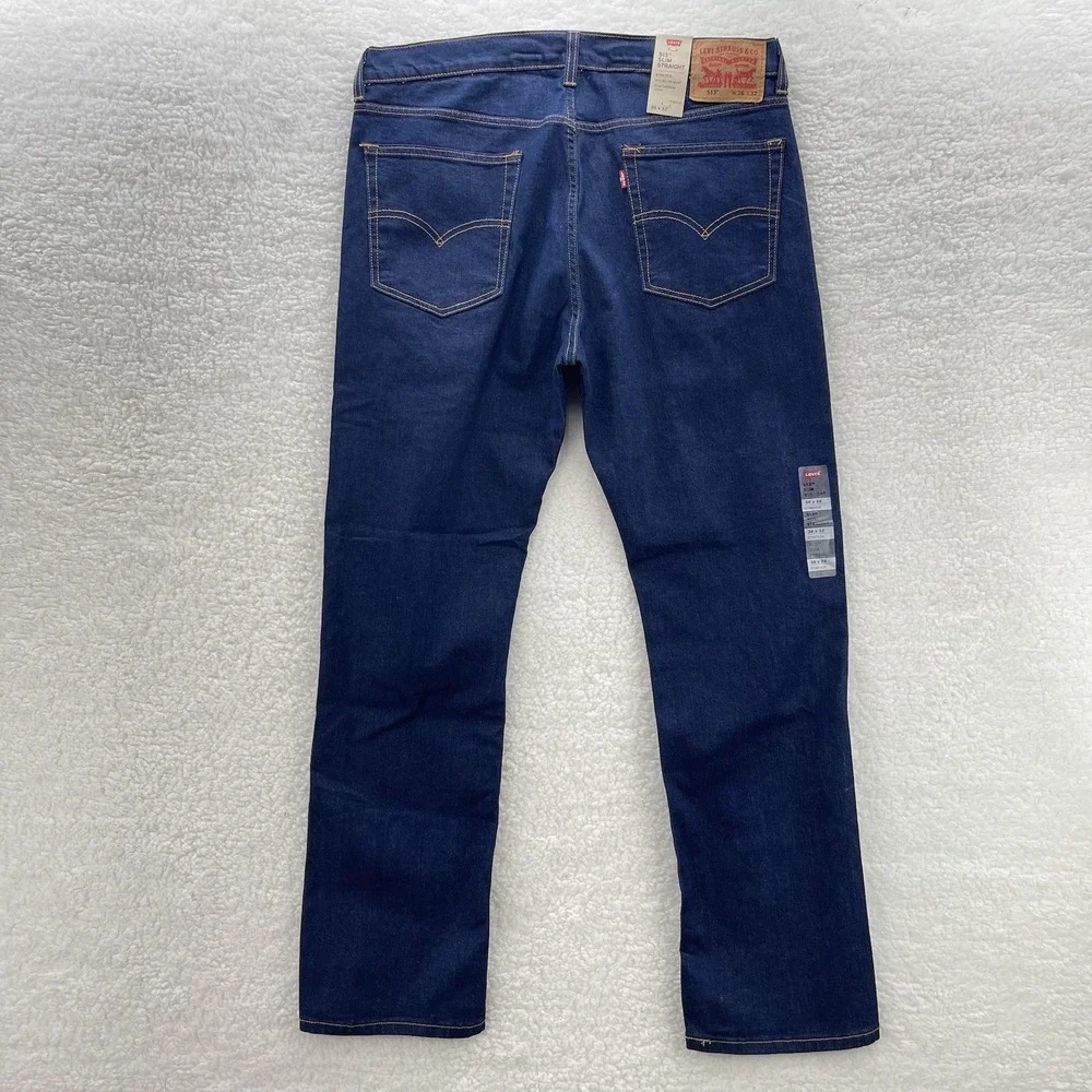Levis 513 Jeans Mens 36x32 Blue Slim Straight Dark Wash Stretch Denim Preppy NEW